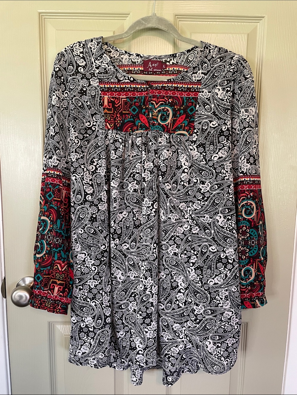 Avani Del Amour Black & White Paisley with Multicolored Accents-Tunic Blouse